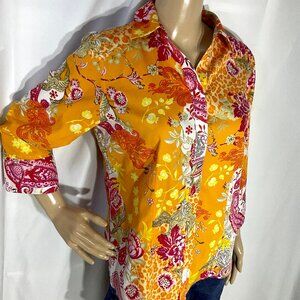 Chicos Orange Floral Button Up Shirt Sz 1 3/4 Sleeves